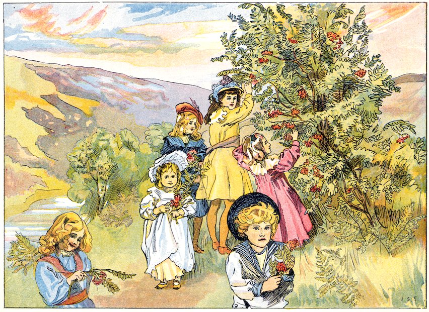 Illustration of six children in Edwardian clothing gathering bright red berries from a large rowan tree in a hilly landscape.