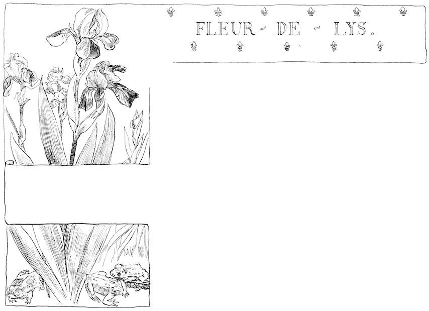 Story page titled 'Fleur-de-Lys' with a black and white sketch of blooming irises on the upper left and three toads in the grass at the bottom left.