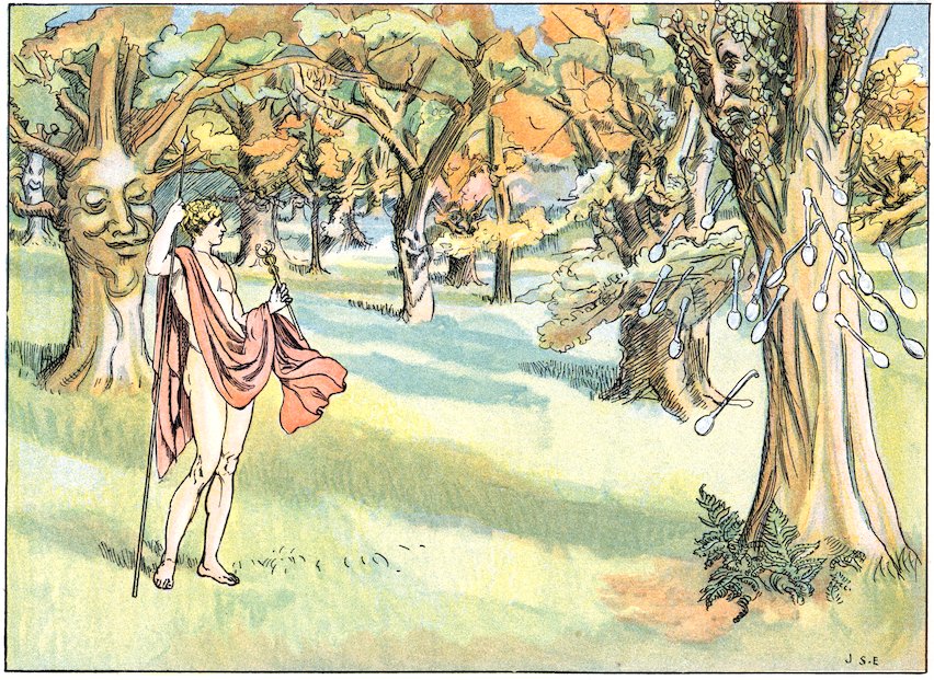 Color illustration of Hermes with his caduceus and spear standing in an enchanted forest, looking at a tree spirit surrounded by floating silver spoons.