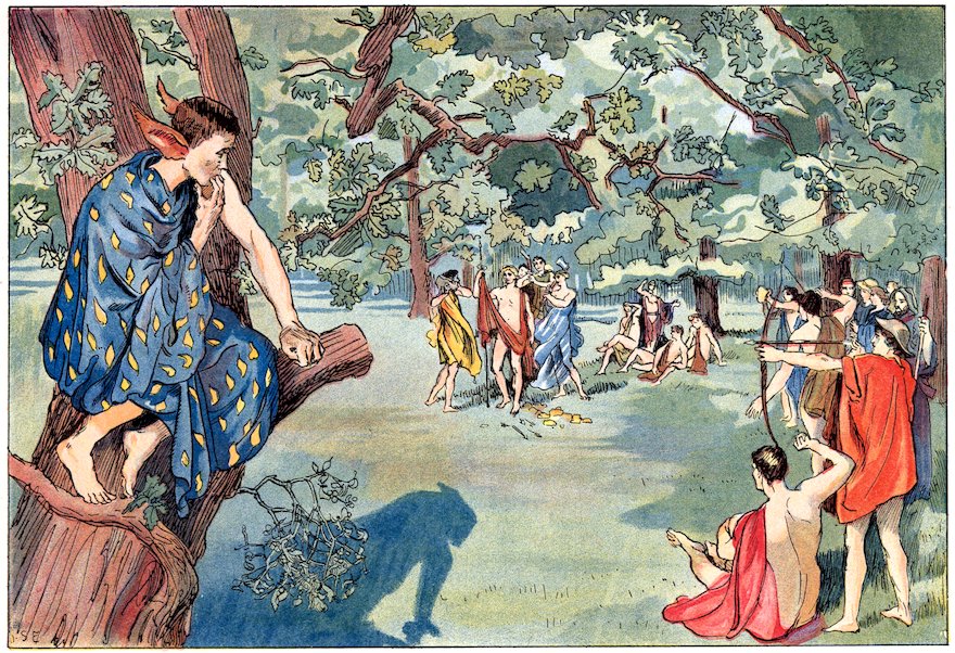 Color illustration of classical Norse figures testing Baldur's invulnerability in a forest, while the trickster Loki watches from a tree above a sprig of mistletoe.