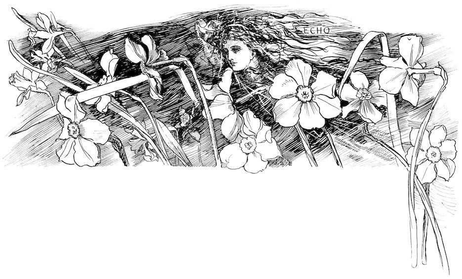 Story page layout titled 'ECHO' showing a woman's faded face blending into dark waves and long-stemmed narcissus flowers.