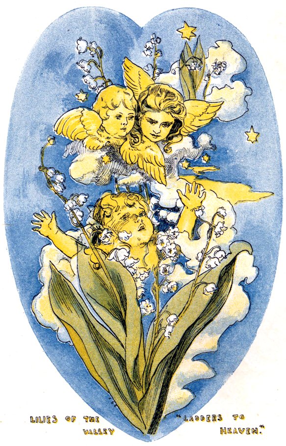 Color illustration set within a large blue heart shape, showing two winged cherub angels looking down from clouds onto a young child nestled among blooming lily of the valley stalks.