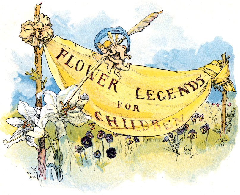 Illustrated half-title page for 'Flower Legends for Children' showing two small fairies on a yellow banner above a field of pansies and white lilies.