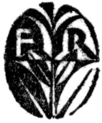 A vintage, stylized oval emblem resembling a leaf or fruit, featuring the bold capital letters 'F' and 'R' on either side of a central vertical stem.