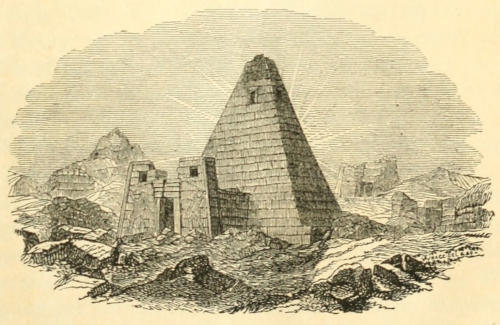 Line drawing of a
  pyramid and other ruins