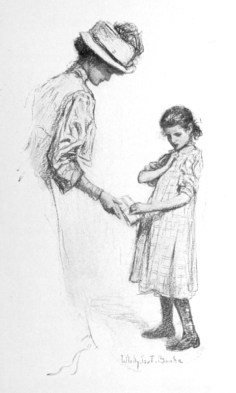 sketch: Girl handing a packet of letters to a woman