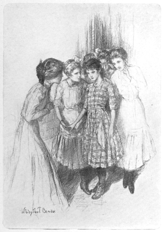 Sketch: Group of girls surrounding one in a plaid dress with a hanky attached.