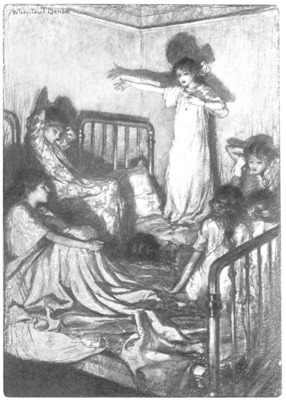sketch: Girls in nightgowns play-acting on beds.
