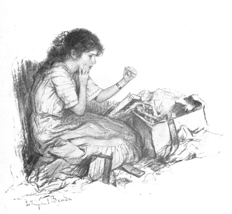 sketch: Girl seated on her knees examining a watch just removed from an open box in front of her.