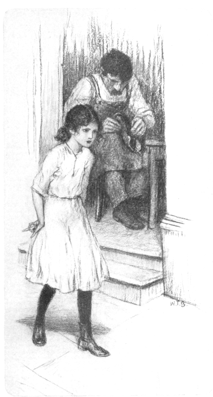 sketch: Girl walking past an open doorway; a cobbler inside the door examines a shoe.