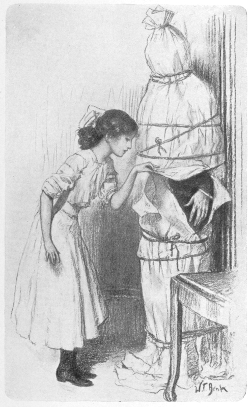 sketch: Girl unwrapping a figure tied up in paper; one hand is exposed.