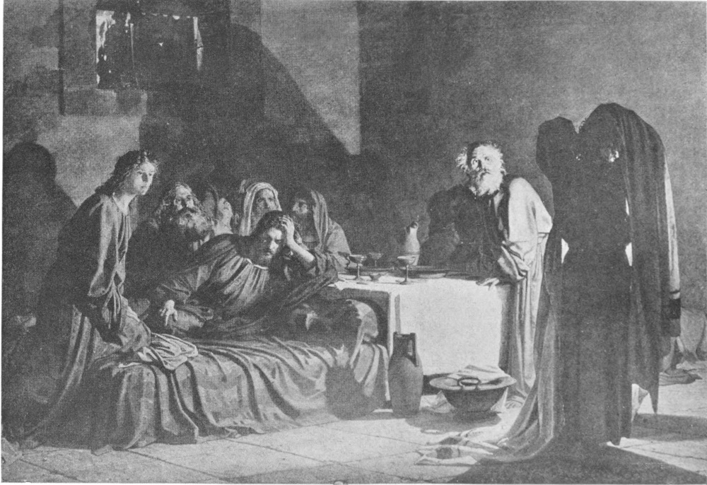 One figure is lying
on a daybed with his hand holding his head up. Four or five others look
at a standing figure in the shadows.
