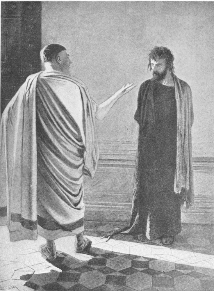 Pilate in a toga with his back to the viewer gestures with his right hand towards Christ wearing a dark robe and light shawl.