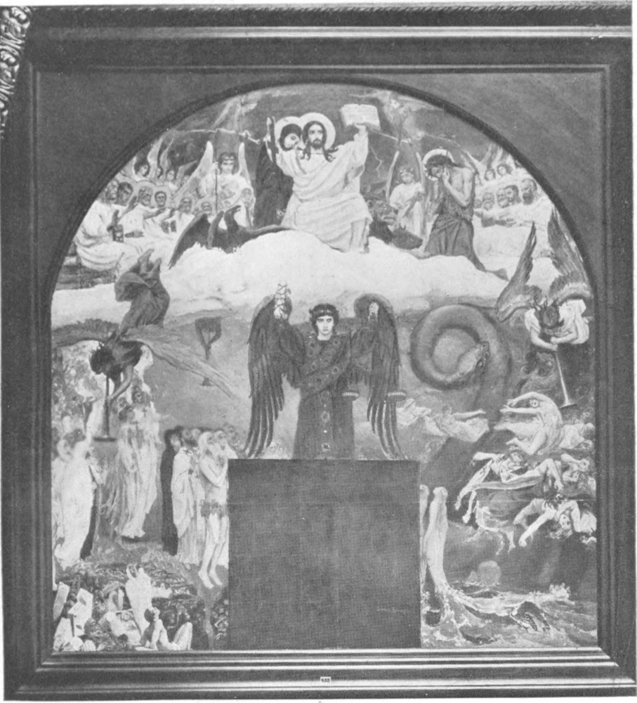In the top half of the painting, Christ sits on a cloud holding an open book in one hand and a cross in the other. He is surrounded by angels, a lion, and a griffin. In the bottom half an angel in black stands on a pedestal surrounded by souls being tortured in hell.