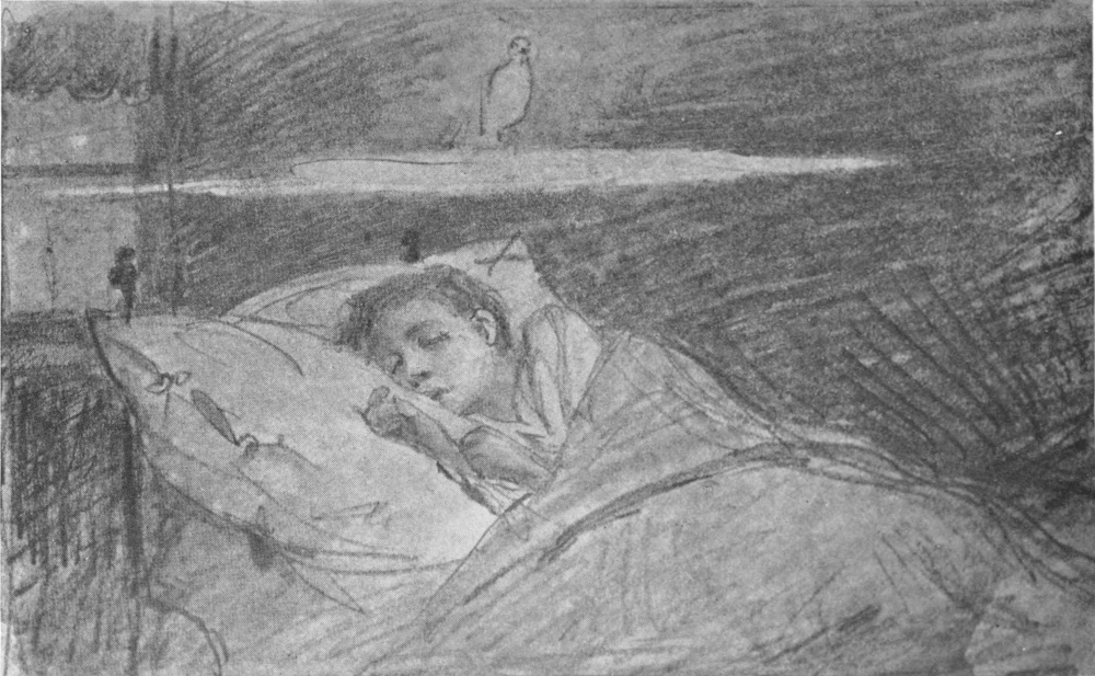 Sketch of a boy asleep in bed, covers drawn to his shoulders. Above him is a bird on a cloud.