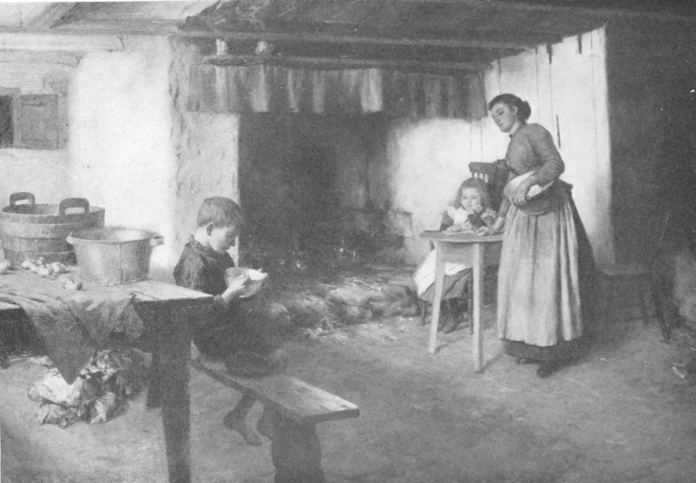 A barefoot boy sits on a bench in front of a table holding a bowl. In front of a low hearth, a girl sits in a chair next to a small table; the mother stands on the other side of the table, resting one arm on it, gazing at the boy while holding a large bowl in her other arm.