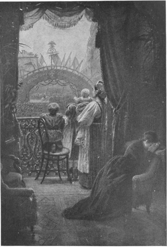 Open drapes surround an opening to a balcony. A boy kneels on a chair, a girl stands beside him, and a maid holding a baby is beside the girl. They watch a procession on the street below. Inside the darkened room, a woman dressed in black, seated on a chair, holds her hands to her face.