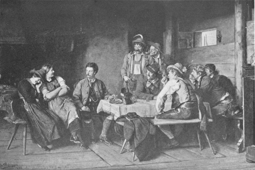 A group of men surround a table, two standing and four seated. Most wear lederhosen, some smoke pipes. A more elegantly dressed man sits at the near end of the table. They all look at two women seated at the end of the table. One smiles back at the the men and the other is laughing into her hand.