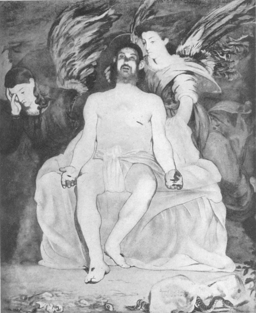 Christ is seated on a draped chair, his punctured hands open. Two angels
are behind him; one supports his head with her hand. The other looks mornfully to the side of the picture.