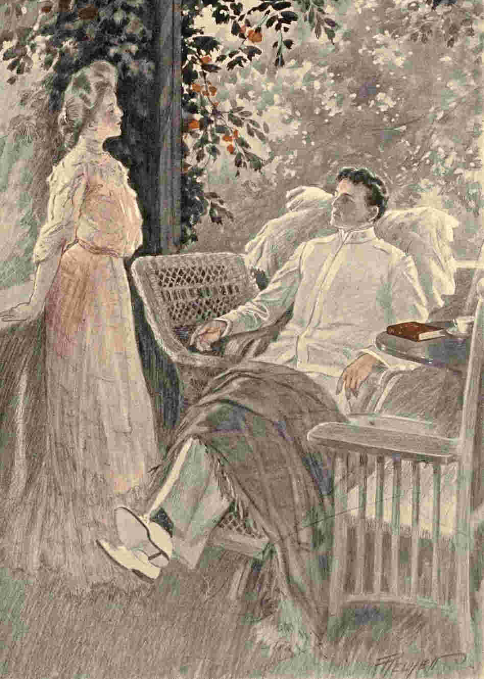 Woman talks to man in chair