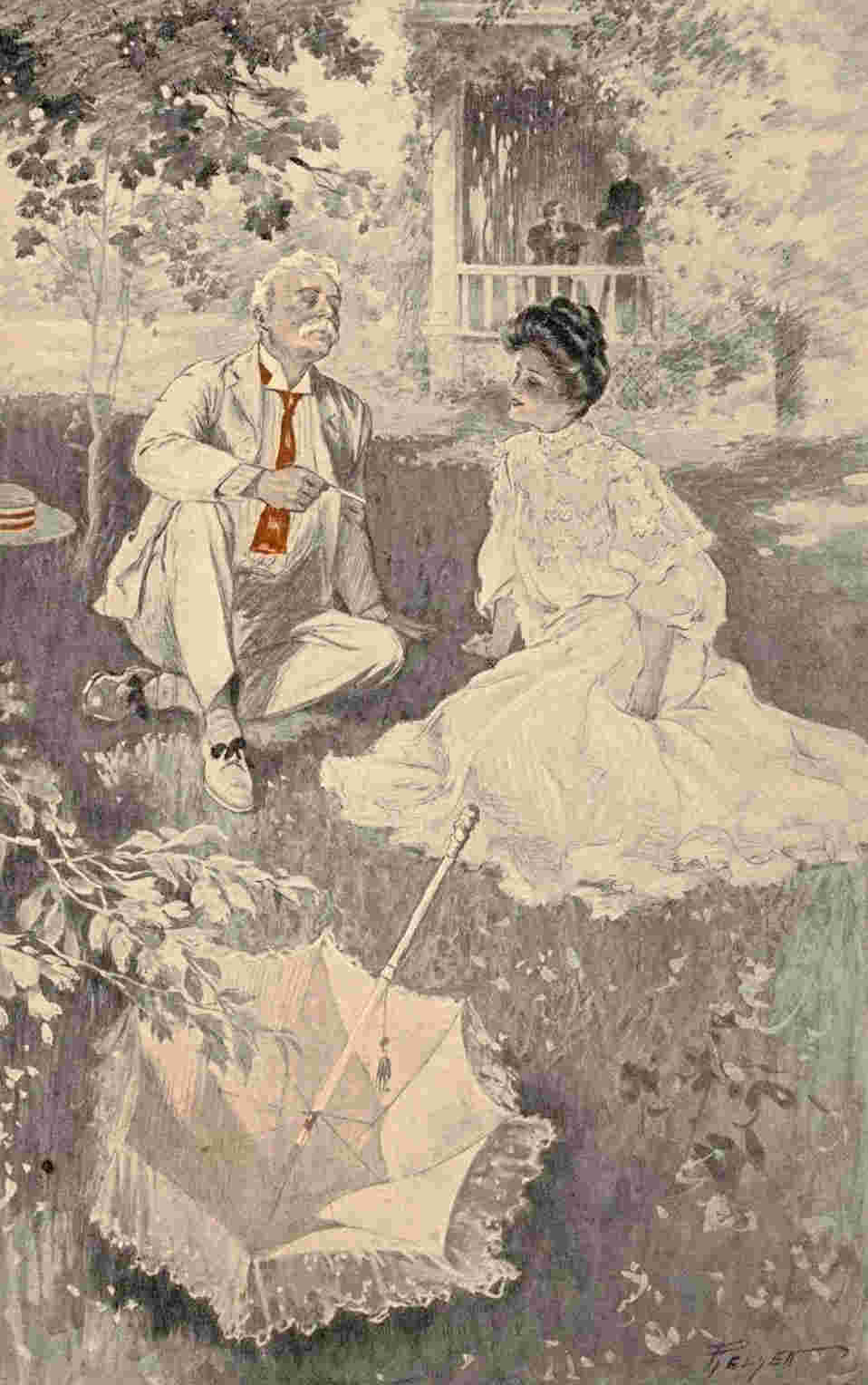 Man and woman relax under shade of a tree