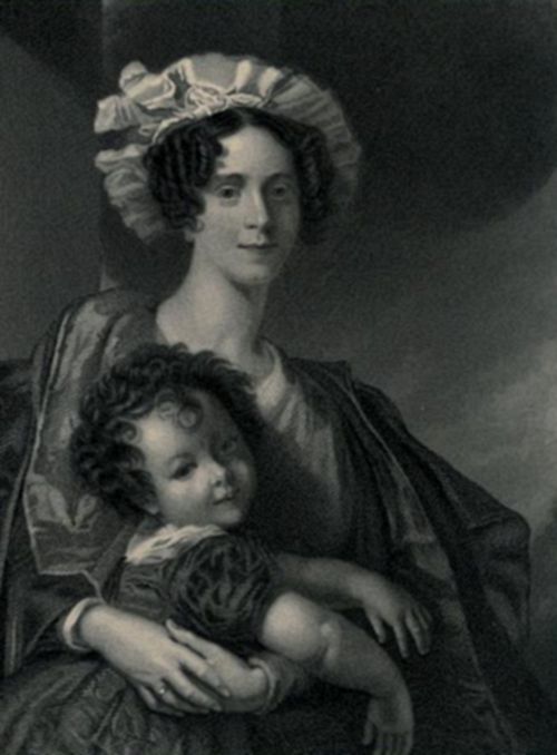 An engraved portrait of a woman in
early 19th-century dress, wearing a ruffled bonnet, tenderly holding a
curly-haired young child in her arms.