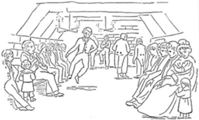 A simple
line-drawing illustration of a man dancing energetically in the center
of a room, surrounded by seated groups of men, women, and children
watching from both sides.