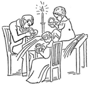 A
line-drawing illustration of three seated figures gathered closely
around a lit candle, each appearing to hold or examine something small
in their hands.