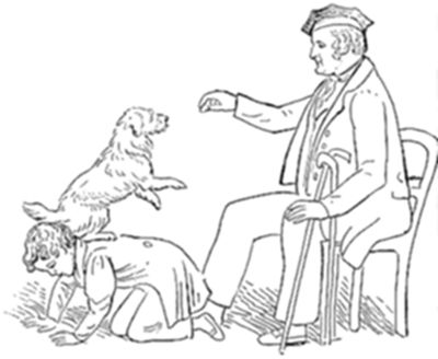 A
line-drawing illustration of an older man seated in a chair with a
cane, gesturing toward a dog that stands balanced on the back of a
kneeling child below.