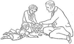 A line-drawing illustration of two
adults and a child seated on the ground, working together to build a
small structure out of blocks or bricks.