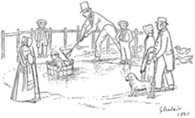 A
line-drawing illustration of a group of people gathered around a child
sitting in a wash-tub set on water, with a man in a top hat tending to
the tub, a dog and ducks nearby, and figures in period dress watching
from the sides.