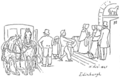 A
line-drawing illustration of a horse-drawn carriage with figures in top
hats and period dress gathered near a doorway marked 31, with a dog at
the steps, labeled Edinburgh and dated 10th Nov. 1841.