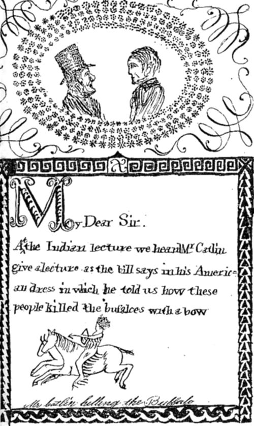 A decorative
hand-illustrated letter page with an ornate floral wreath framing two
profile sketches at the top, and an elaborately bordered text section
below beginning with a large illuminated M.
