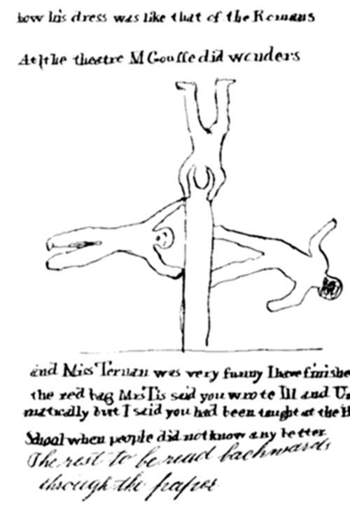 A handwritten
diary page describing a theatre performance, accompanied by a whimsical
sketch of an acrobatic contortionist balanced upside-down on a pole
with limbs splayed outward.