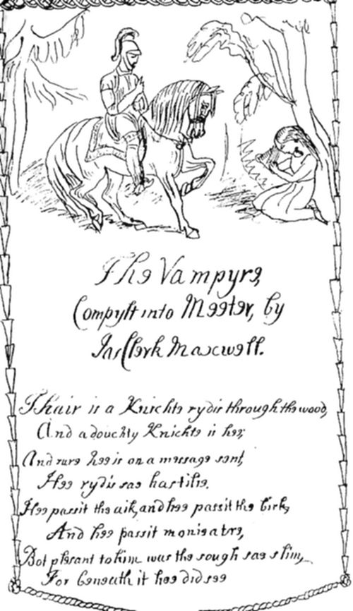 A decorative
illustrated page within an ornamental rope-and-leaf border, depicting
an armored knight on horseback beside a tree where a cloaked figure
crouches in shadow.