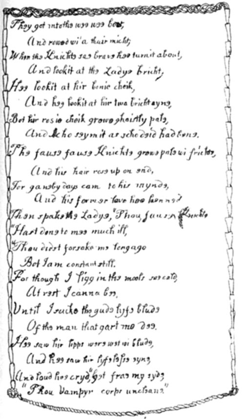 A handwritten
page continuing The Vampyre poem within the rope-and-leaf border,
describing the knight rowing the boat and turning to see the lady's
cheek grow ghastly pale as he recognizes her as his former love, long
since dead.