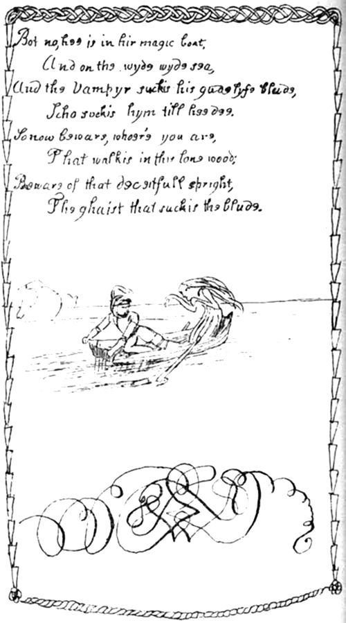 The final
page of The Vampyre poem, framed by the rope-and-leaf border,
concluding the tale as the vampire sucks the knight's blood until
his death on the wide sea, with a closing warning to beware of that
deceitful spright.