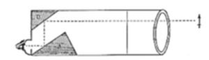 A simple
geometric diagram showing a cylindrical tube with a triangular wedge
shape and shaded triangular section at its left end, marked with a
small square labeled D, and a vertical arrow indicating measurement at
the right end.