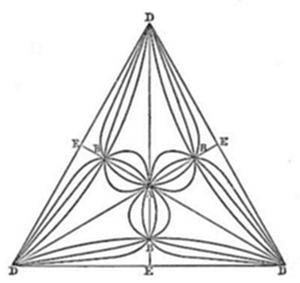 A symmetrical
geometric diagram showing a triangle with vertices labeled D at each
corner, containing curved loop-like shapes connecting points labeled B
and E near the center and at the midpoints of each side.