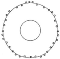 A simple
geometric diagram showing two concentric circles, with the outer
circle's perimeter lined with small evenly spaced peg-like marks or
notches.