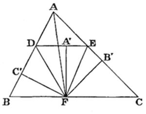 A geometric
diagram of triangle ABC with multiple lines radiating from base point F
to vertices and interior points A', B', C', D, E.