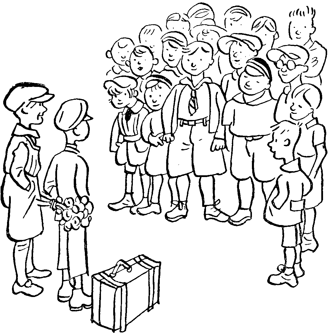 Emil and Gustav facing a crowd of children.