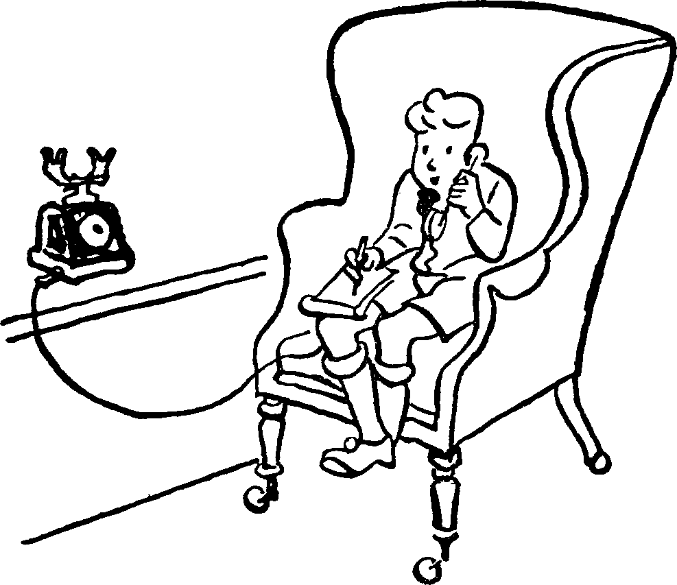 Little Dienstag sitting in chair talking to the phone and taking notes.