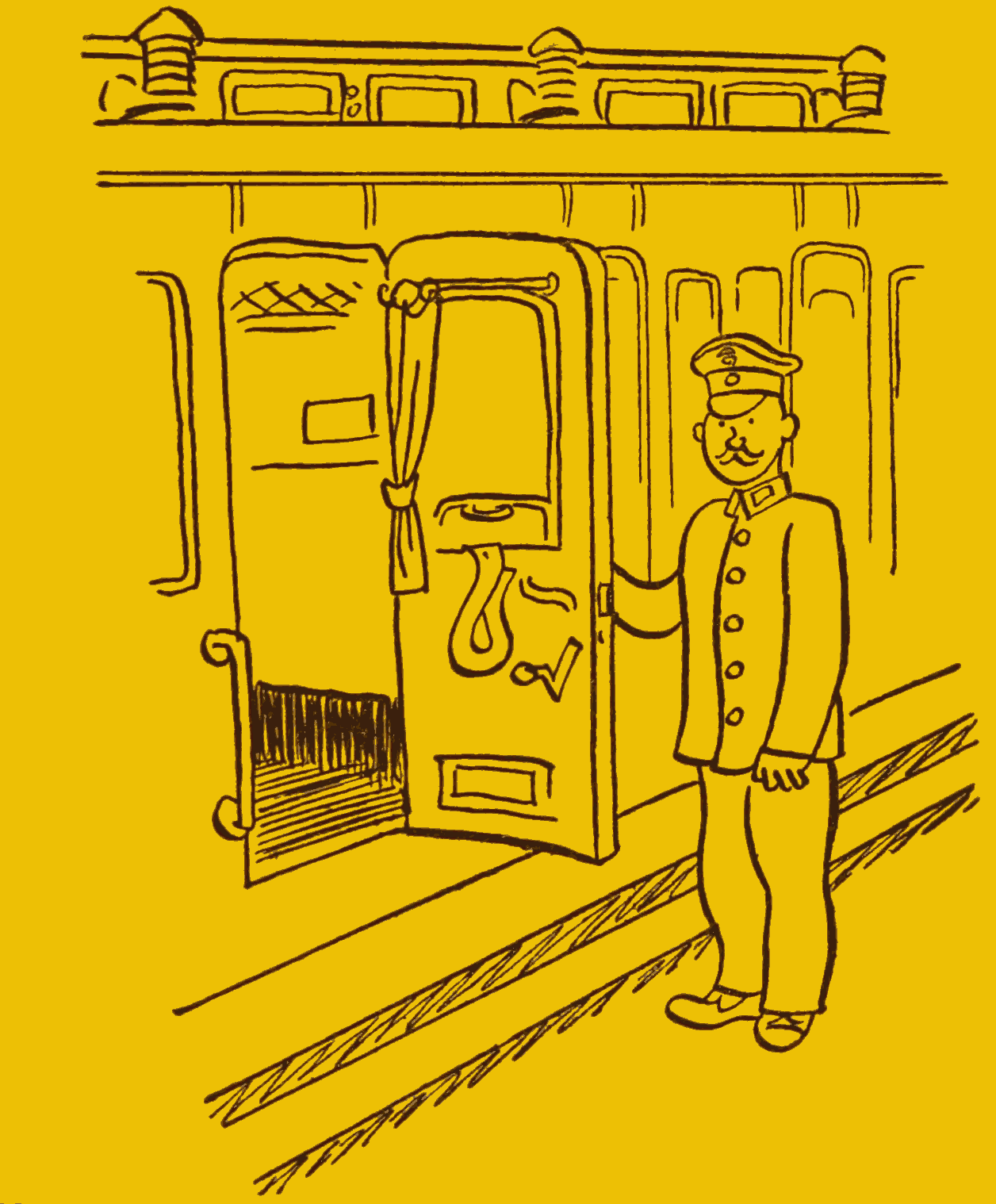 Train conductor standing outside compartment.