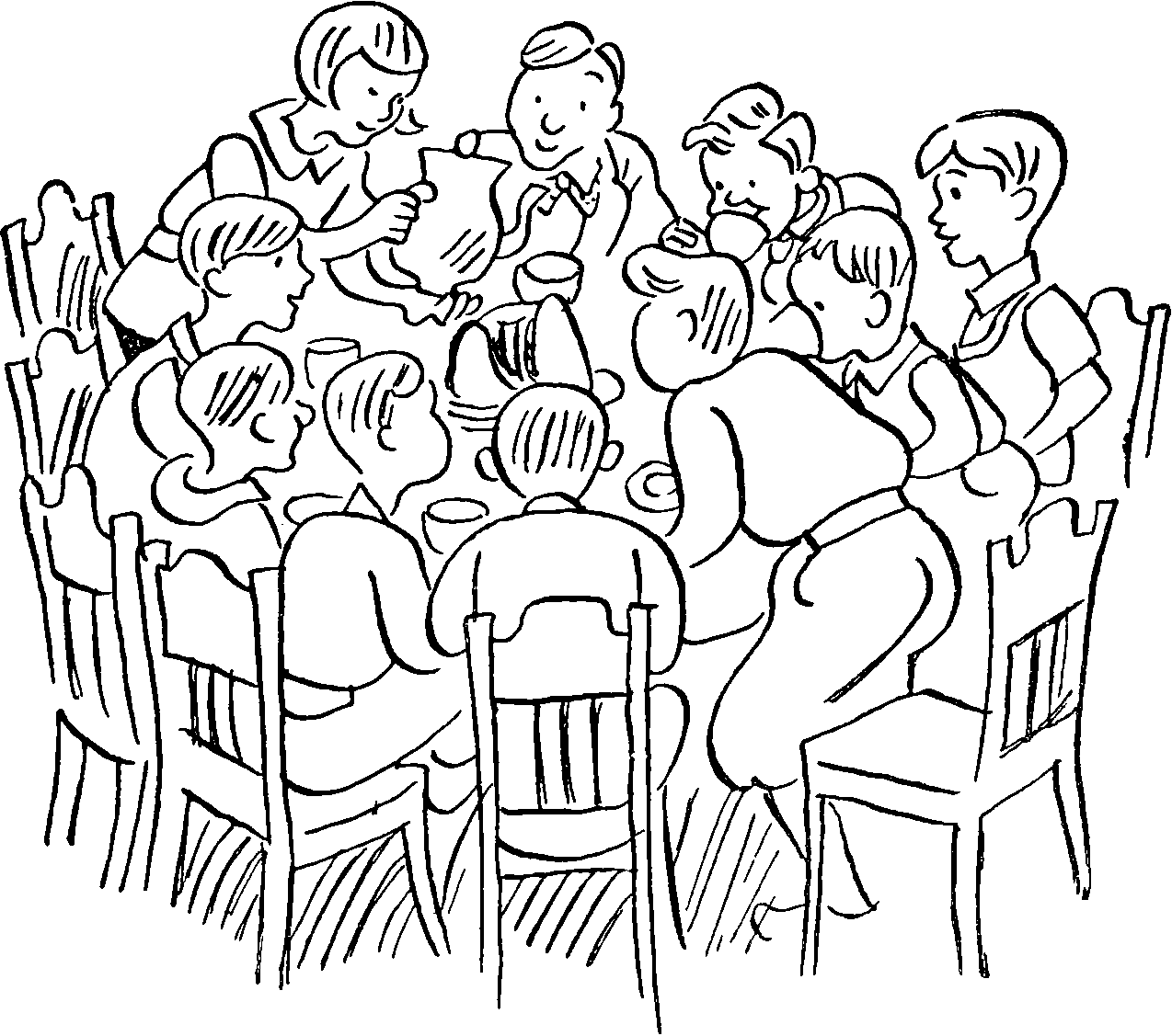 Several boys sit around a table while Pony Hütchen pours chocolate from a pitcher.