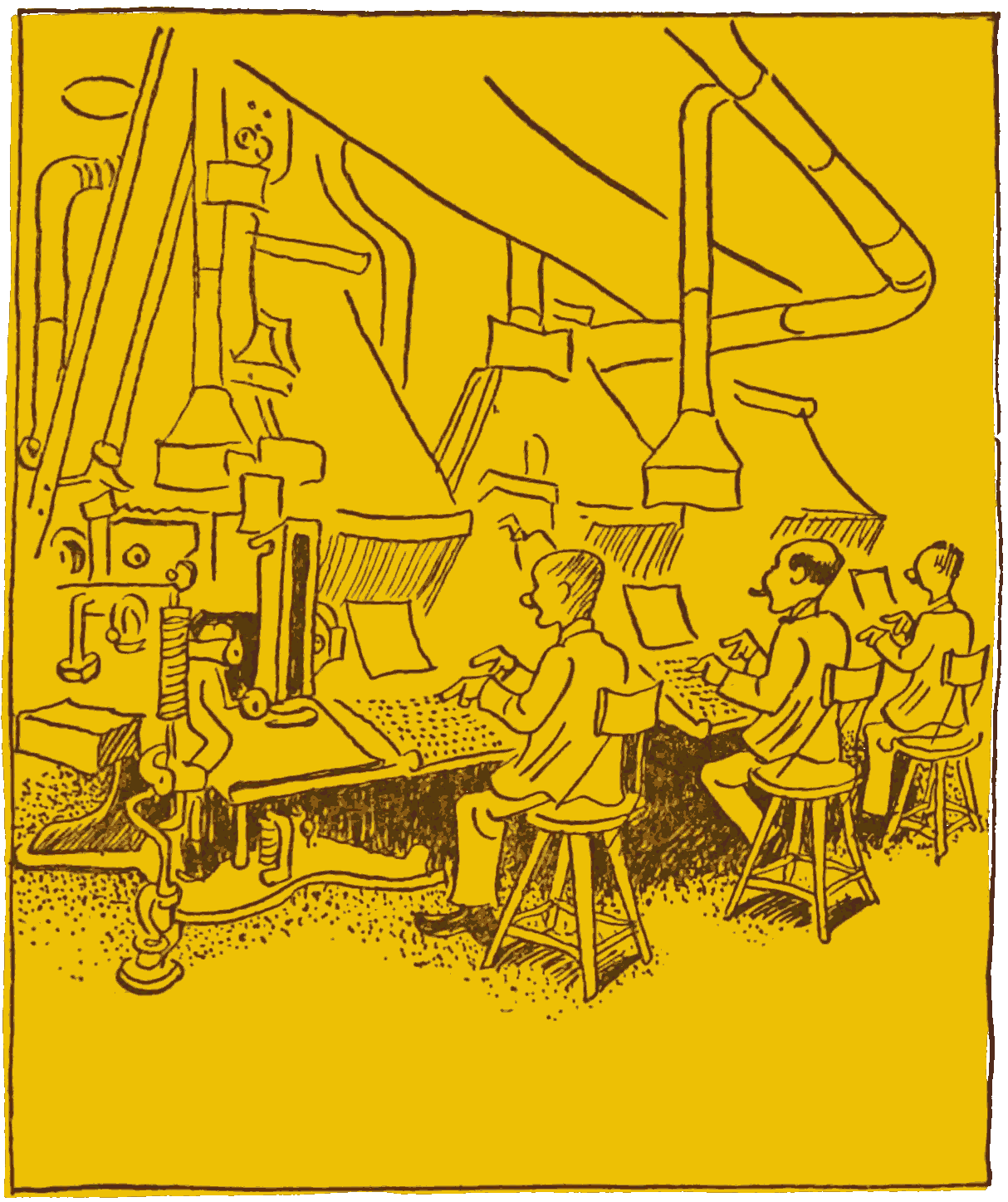 Men working at newspaper Linotype machines.