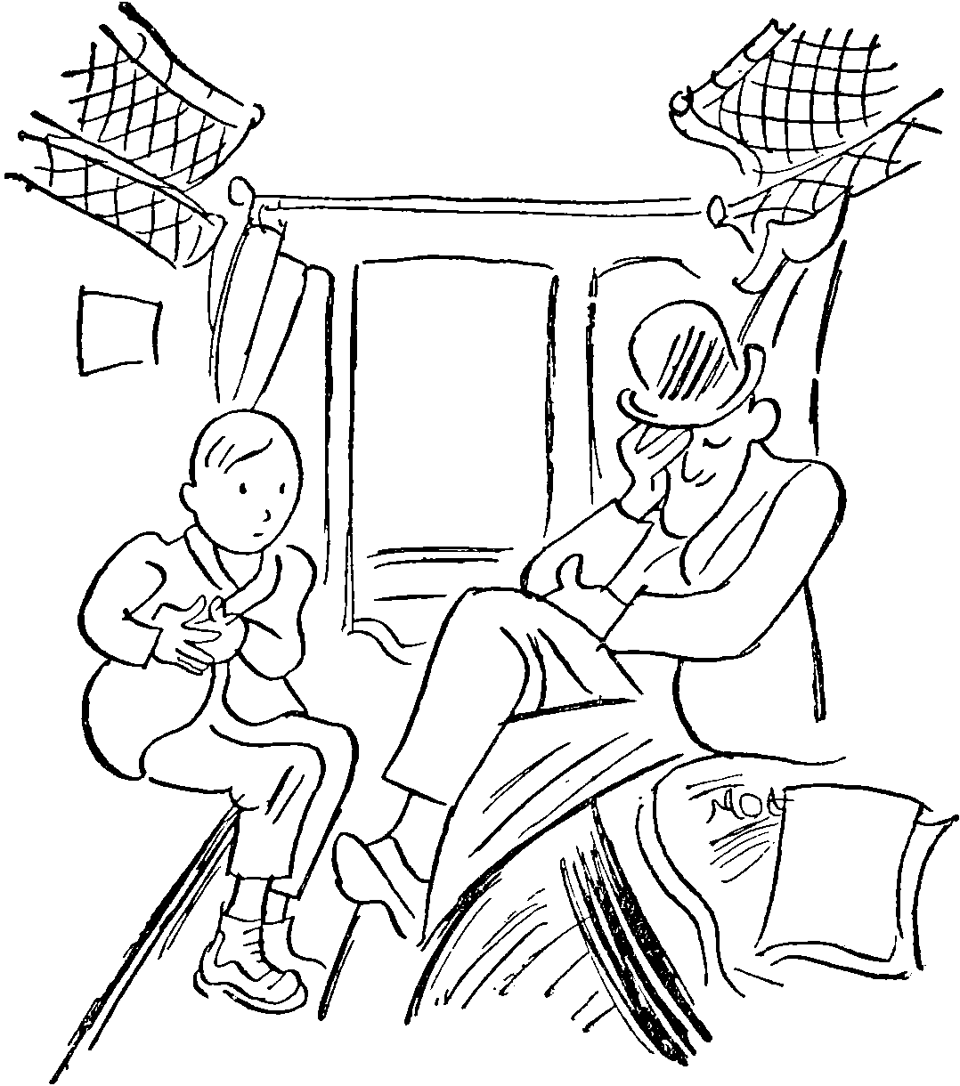 Emil and Herr Grundeis sitting in a train compartment.