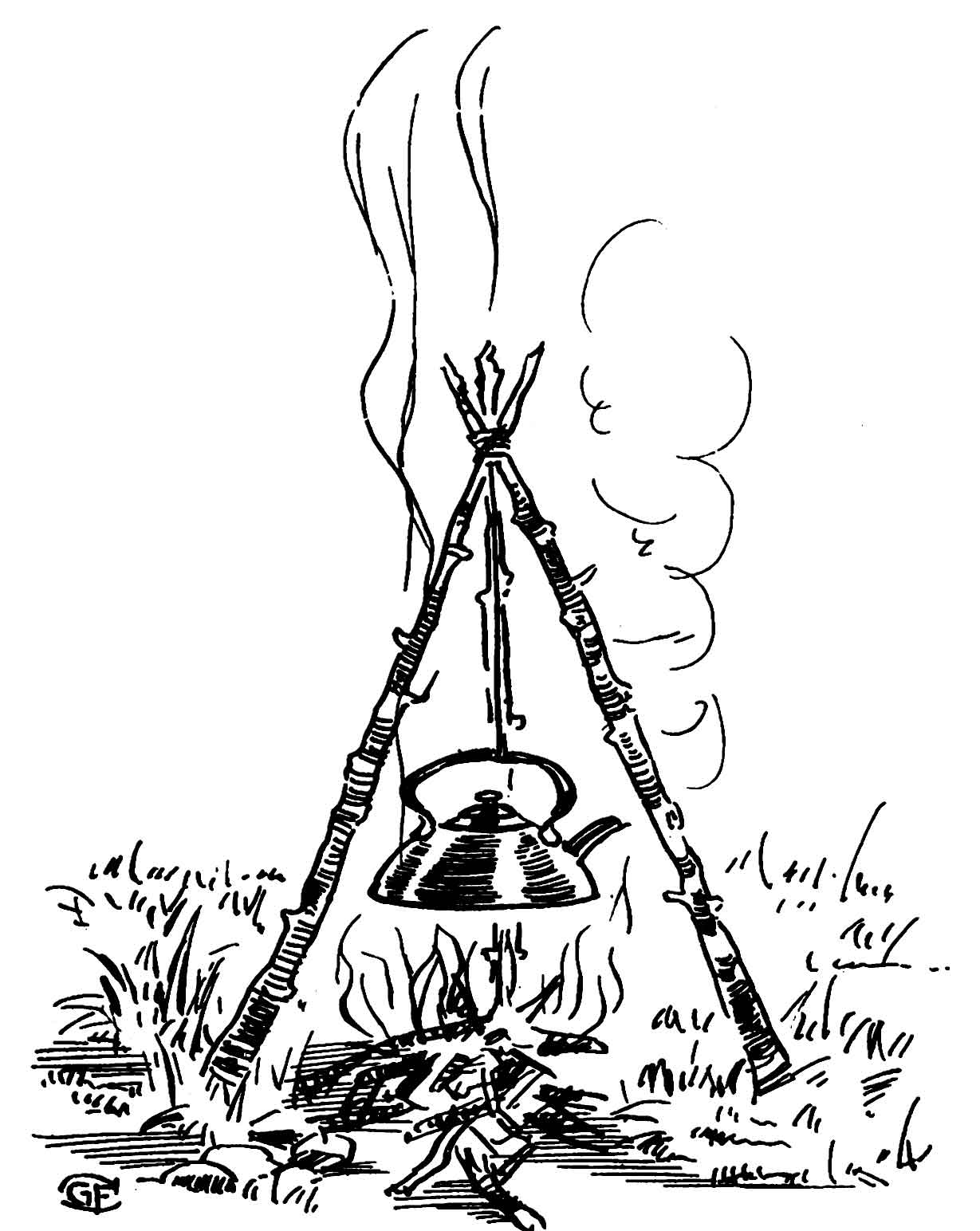Camp fire
beneath a kettle hanging from wooden poles held together at the top