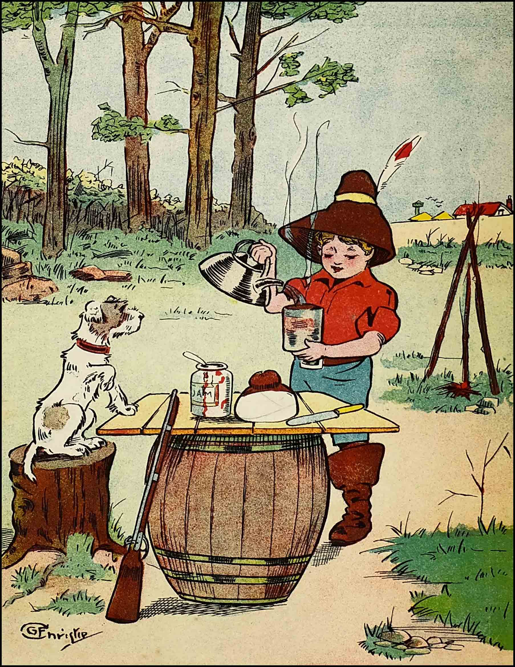 Rag sits on tree stump
with paws on a makeshift table on which are placed a jar of jam, bread and a knife,
while Dumpy pours water from the kettle into a mug