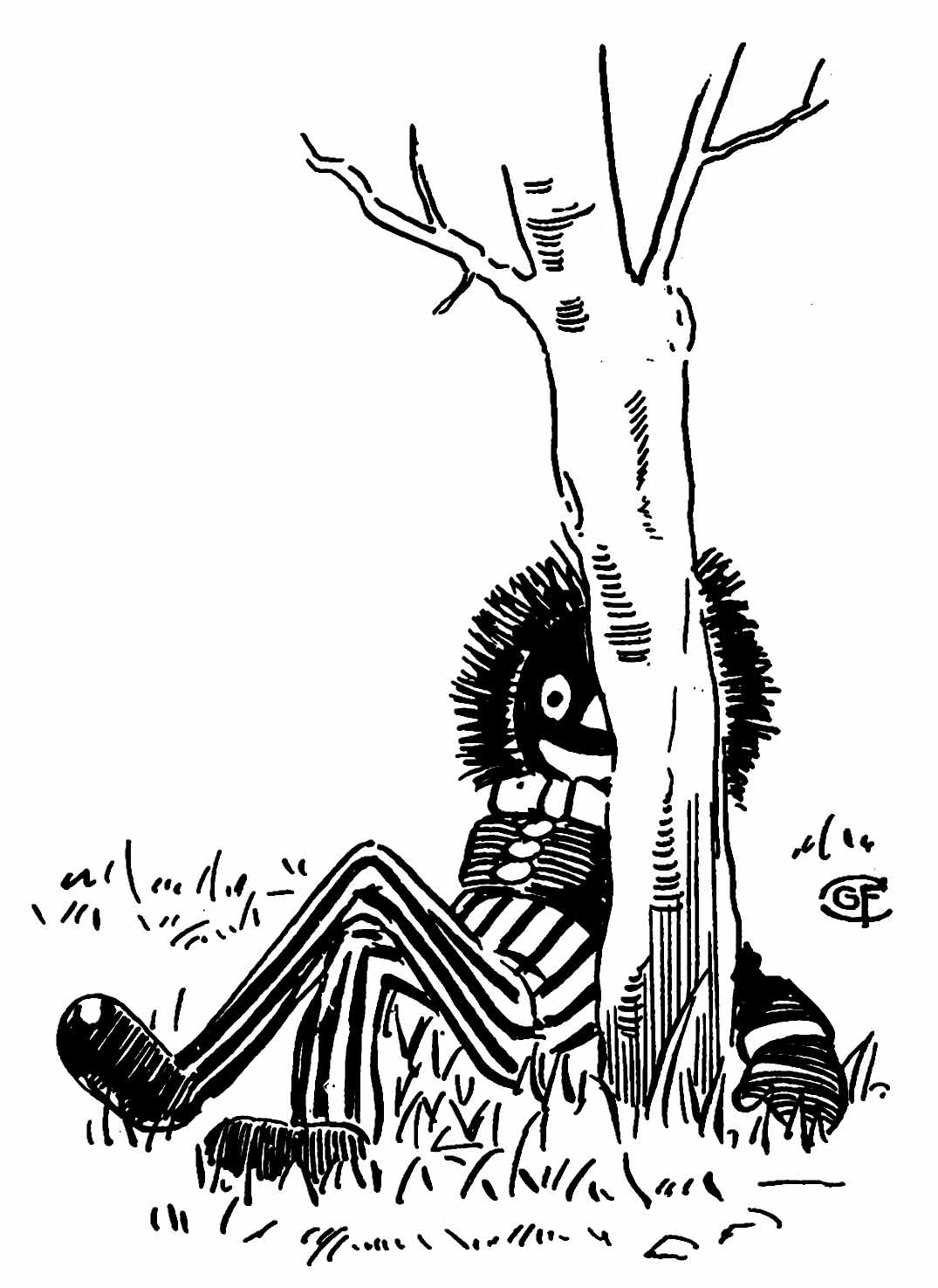 Golliwogg with
legs crossed sits on the ground behind a tree
